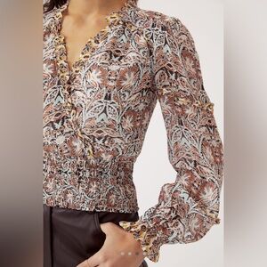 Anthropologie Multicolor Printed Ruffle Blouse in “Blue Pattern”